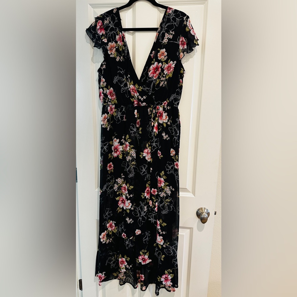 Band of Gypsies Black Maxi Dress with Pink Floral Design